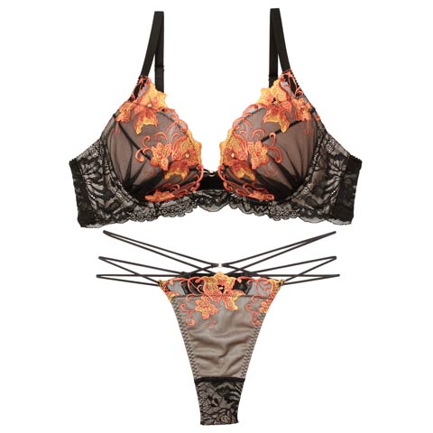 9/30再販!【永尾まりや着用】【Reinest】シックブロッサムコードブラジャー&バック透けTバックショーツ［大人気］(ブラック-A65/ショーツM)