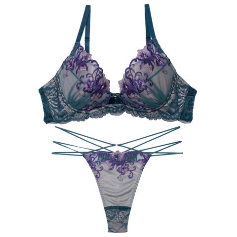 9/30再販!【永尾まりや着用】【Reinest】シックブロッサムコードブラジャー&バック透けTバックショーツ［大人気］(ブルー-A65/ショーツM)