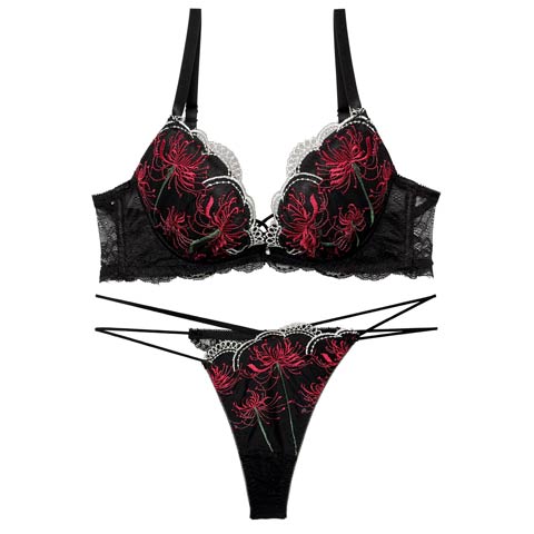 10/4再販!【Reinest】スパイダーリリーレースブラジャー&バック透けTバックショーツ［大人気］(ブラック-A65/ショーツM)