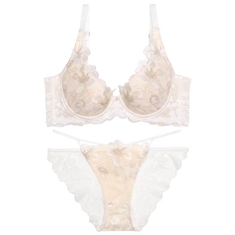 10/7再販!【永尾まりや着用】【Reinest】グリッターリュクスフラワー育乳脇高★魔法のブラジャー&バック透けフルバックショーツ［大人気］(オフホワイト-A65/ショーツM)