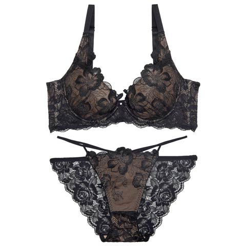 10/7再販!【永尾まりや着用】【Reinest】グリッターリュクスフラワー育乳脇高★魔法のブラジャー&バック透けフルバックショーツ［大人気］(ブラック-A65/ショーツM)