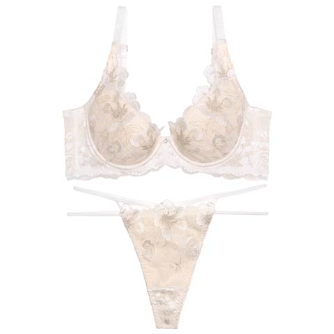 10/7再販!【永尾まりや着用】【Reinest】グリッターリュクスフラワー育乳脇高★魔法のブラジャー&バック透けTバックショーツ［大人気］(オフホワイト-A65/ショーツM)