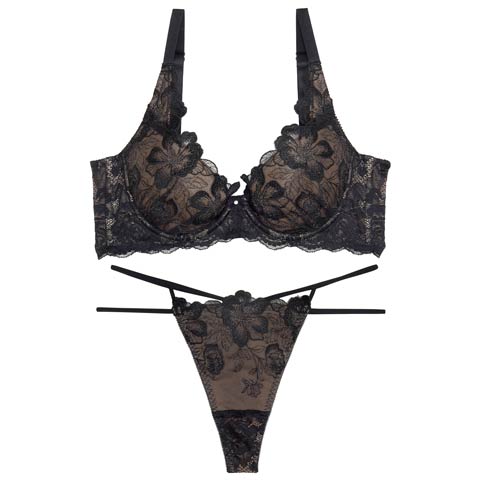 10/7再販!【永尾まりや着用】【Reinest】グリッターリュクスフラワー育乳脇高★魔法のブラジャー&バック透けTバックショーツ［大人気］(ブラック-A65/ショーツM)