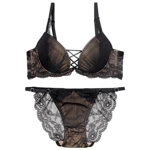 【永尾まりや着用】【Reinest】メロウプリーツレースアップブラジャー&バック透けフルバックショーツ［大人気］［週末セール］(ブラック-A65/ショーツM)