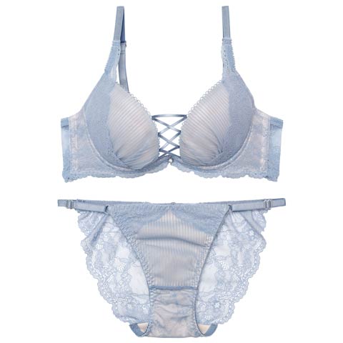 【永尾まりや着用】【Reinest】メロウプリーツレースアップブラジャー&バック透けフルバックショーツ［大人気］［週末セール］(ブルーグレー-A65/ショーツM)