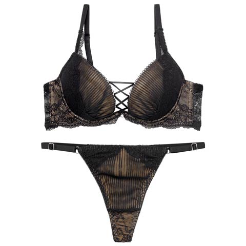 【永尾まりや着用】【Reinest】メロウプリーツレースアップブラジャー&バック透けTバックショーツ［大人気］(ブラック-A65/ショーツM)