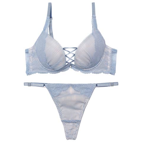 【永尾まりや着用】【Reinest】メロウプリーツレースアップブラジャー&バック透けTバックショーツ［大人気］(ブルーグレー-A65/ショーツM)
