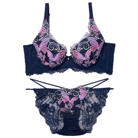 【永尾まりや着用】【Reinest】エレガンスパピヨンフルール育乳脇高★魔法のブラジャー&バック透けフルバックショーツ［大人気］(ネイビー-A65/ショーツM)