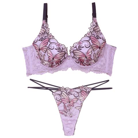 【永尾まりや着用】【Reinest】エレガンスパピヨンフルール育乳脇高★魔法のブラジャー&バック透けTバックショーツ［大人気］(パープル-A65/ショーツM)