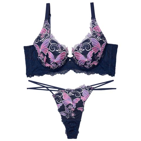 【永尾まりや着用】【Reinest】エレガンスパピヨンフルール育乳脇高★魔法のブラジャー&バック透けTバックショーツ［大人気］(ネイビー-A65/ショーツM)