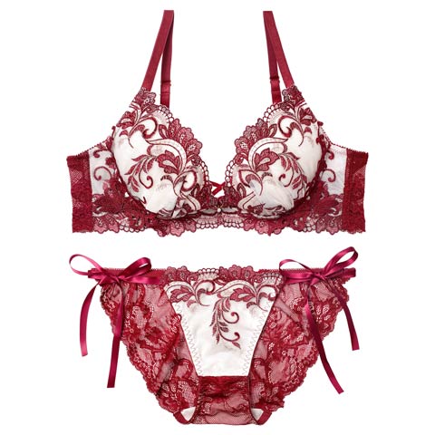 11/14新作!【永尾まりや着用】【Reinest】バロックリーフエンブロイダリーブラジャー&サイド紐バック透けフルバックショーツ［大人気］(ボルドー-A65/ショーツM)
