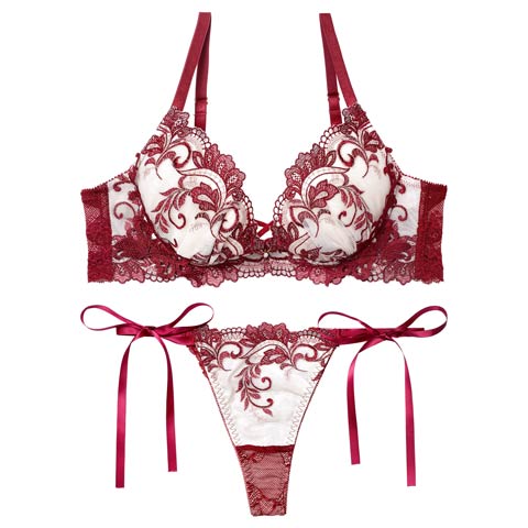 11/14新作!【永尾まりや着用】【Reinest】バロックリーフエンブロイダリーブラジャー&サイド紐バック透けTバックショーツ［大人気］(ボルドー-A65/ショーツM)