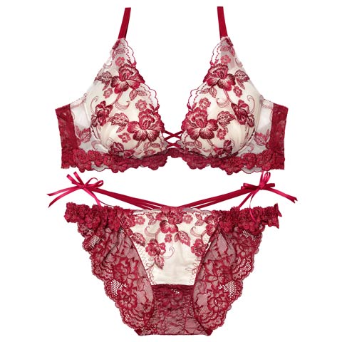 2/18新作!【永尾まりや着用】【Reinest】ラディアントブロッサムブラジャー&バック透けフルバックショーツ(ボルドー-A65/ショーツM)