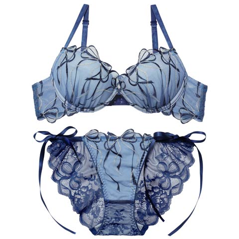2/25新作!【永尾まりや着用】【Reinest】メロウリボンレースブラジャー&サイド紐バック透けフルバックショーツ［大人気］(ネイビー-A65/ショーツM)