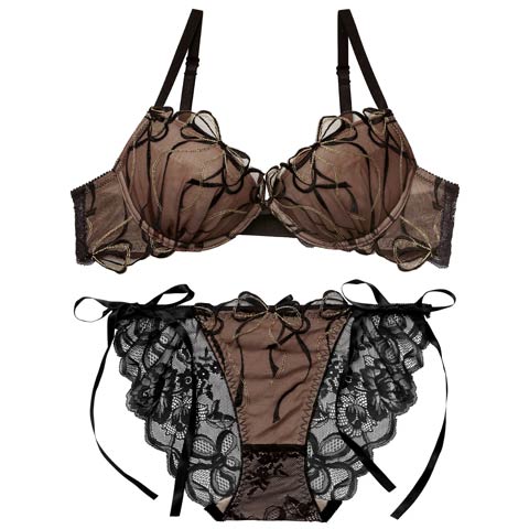 2/25新作!【永尾まりや着用】【Reinest】メロウリボンレースブラジャー&サイド紐バック透けフルバックショーツ［大人気］(ブラック-A65/ショーツM)