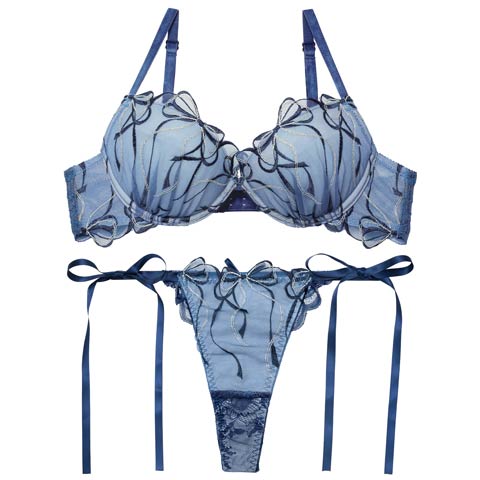 2/25新作!【永尾まりや着用】【Reinest】メロウリボンレースブラジャー&サイド紐バック透けTバックショーツ［大人気］(ネイビー-A65/ショーツM)