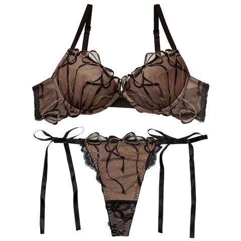 2/25新作!【永尾まりや着用】【Reinest】メロウリボンレースブラジャー&サイド紐バック透けTバックショーツ［大人気］(ブラック-A65/ショーツM)