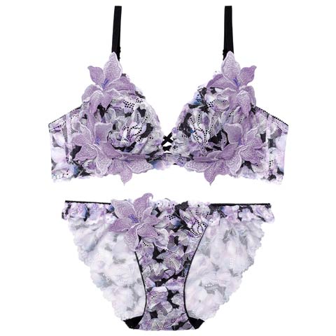 4/6新作!【永尾まりや着用】【Reinest】ルミナスリリーブロッサムブラジャー&バック透けフルバックショーツ［大人気］(パープル-A65/ショーツM)