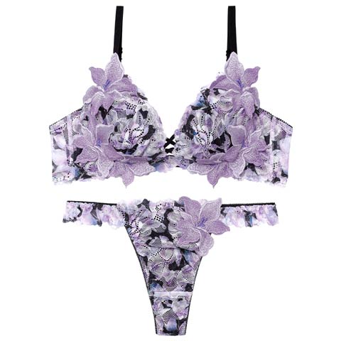 4/6新作!【永尾まりや着用】【Reinest】ルミナスリリーブロッサムブラジャー&バック透けTバックショーツ［大人気］(パープル-A65/ショーツM)