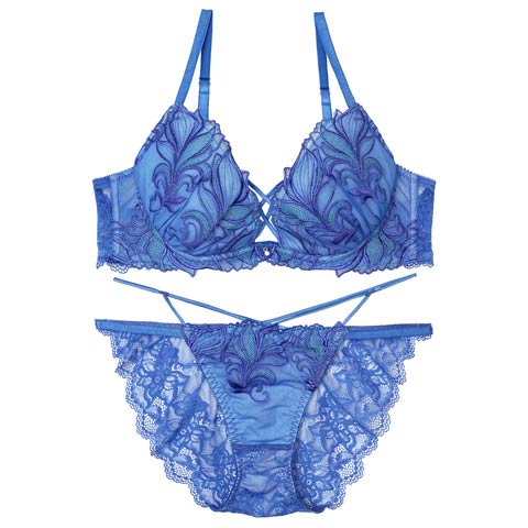 【永尾まりや着用】【Reinest】シャイニーフェザーリーフブラジャー&バック透けフルバックショーツ［大人気］(ブルー-A65/ショーツM)