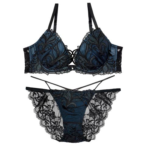 【永尾まりや着用】【Reinest】シャイニーフェザーリーフブラジャー&バック透けフルバックショーツ［大人気］(ブラック-A65/ショーツM)