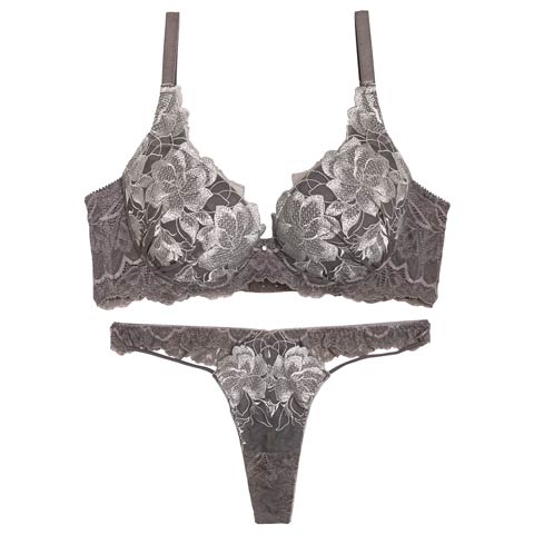 11/21新作!【Reinest】グラマラスピオニーカットストリング育乳脇高★魔法のブラジャー&バック透けTバックショーツ［大人気］(グレー-A65/ショーツM)