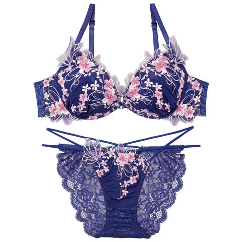 3/4新作!【永尾まりや着用】【Reinest】グレイスチェリーブロッサムブラジャー&バック透けフルバックショーツ［大人気］(ネイビー-A65/ショーツM)