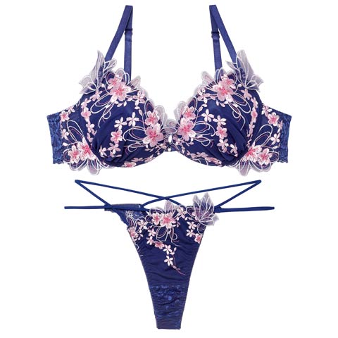 3/4新作!【永尾まりや着用】【Reinest】グレイスチェリーブロッサムブラジャー&バック透けTバックショーツ［大人気］(ネイビー-A65/ショーツM)
