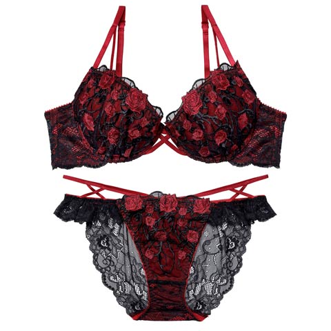 1/23新作!【永尾まりや着用】【Reinest】ミッドナイトローズクロスコードブラジャー&バック透けフルバックショーツ(レッド-A65/ショーツM)