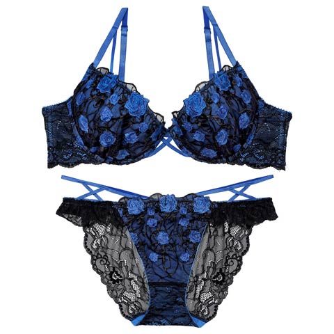 1/23新作!【永尾まりや着用】【Reinest】ミッドナイトローズクロスコードブラジャー&バック透けフルバックショーツ(ブルー-A65/ショーツM)