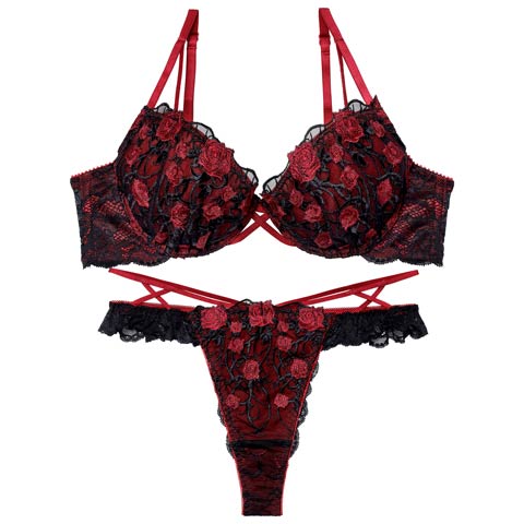 1/23新作!【永尾まりや着用】【Reinest】ミッドナイトローズクロスコードブラジャー&バック透けTバックショーツ(レッド-A65/ショーツM)