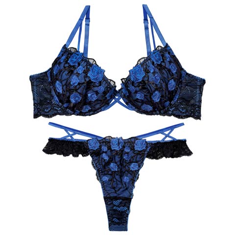 1/23新作!【永尾まりや着用】【Reinest】ミッドナイトローズクロスコードブラジャー&バック透けTバックショーツ(ブルー-A65/ショーツM)