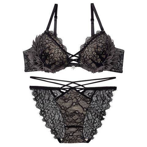 12/22新作!【Reinest】グラマラスフェザーローズブラジャー＆バック透けフルバックショーツ［大人気］(ブラック-A65/ショーツM)