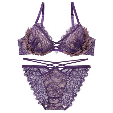 12/22新作!【Reinest】グラマラスフェザーローズブラジャー＆バック透けフルバックショーツ［大人気］(パープル-A65/ショーツM)