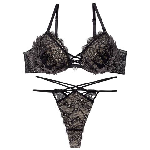 12/22新作!【Reinest】グラマラスフェザーローズブラジャー＆バック透けTバックショーツ［大人気］(ブラック-A65/ショーツM)