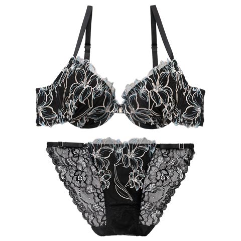 4/1新作!【永尾まりや着用】【Reinest】グラマラスビビッドブロッサムブラジャー&バック透けフルバックショーツ［大人気］(ブラック-A65/ショーツM)