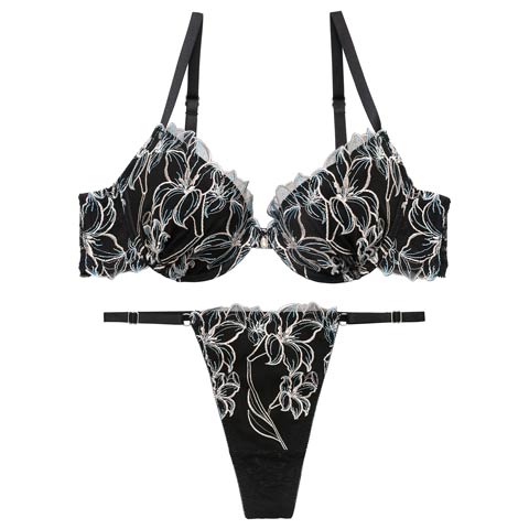 4/1新作!【永尾まりや着用】【Reinest】グラマラスビビッドブロッサムブラジャー&バック透けTバックショーツ［大人気］(ブラック-A65/ショーツM)