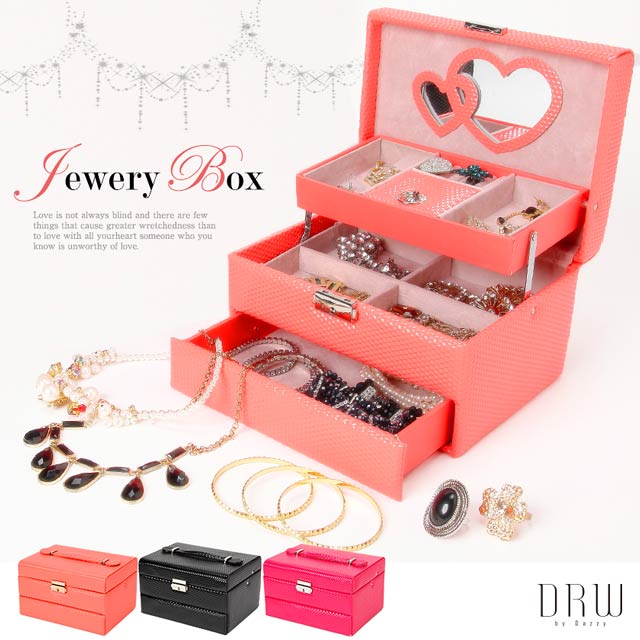 ハート型ミラーつき3段ジュエリーボックス