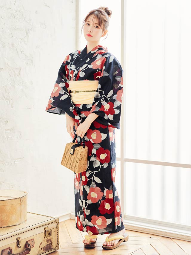3点SET]紺地紅椿柄浴衣【2024年新作/YUKATA by dazzy】│下着