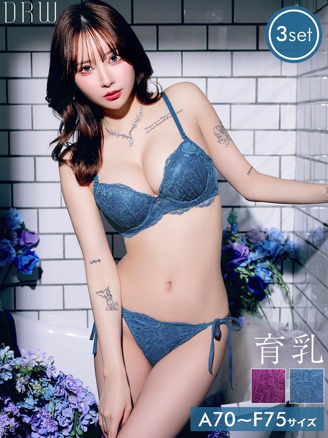 【3点セット】ディープフローラルレース育乳脇高ブラジャー&サイド紐フルバック&Tバックショーツ