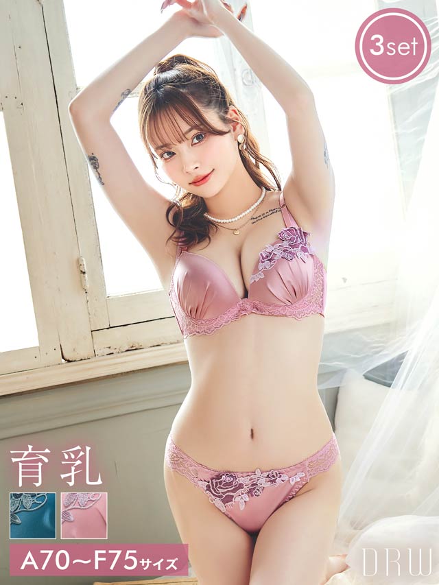 【3点セット】ミステリアスグロッシーロゼ育乳脇高ブラジャー&フルバック&Tバックショーツ